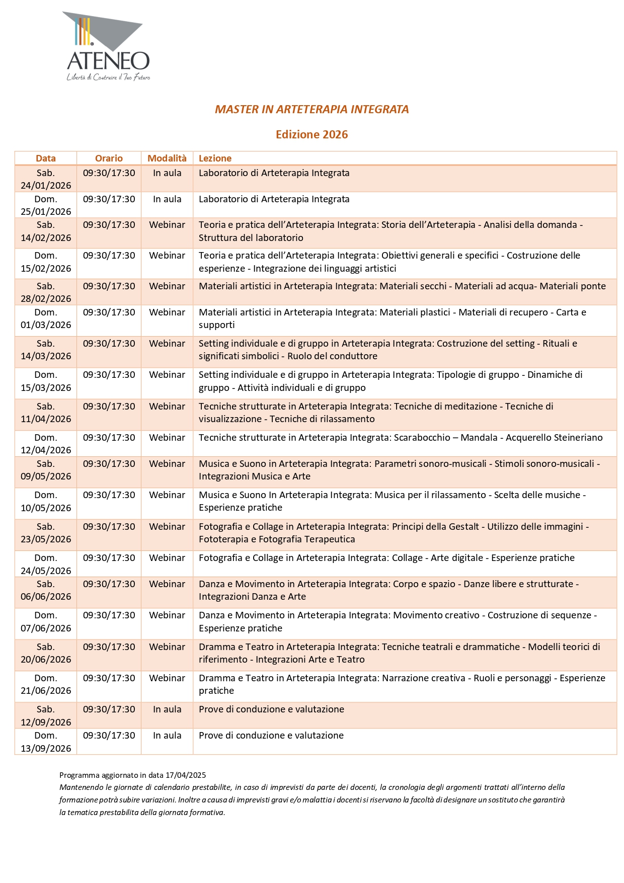 Calendario Master in Arteterapia Integrata 2026