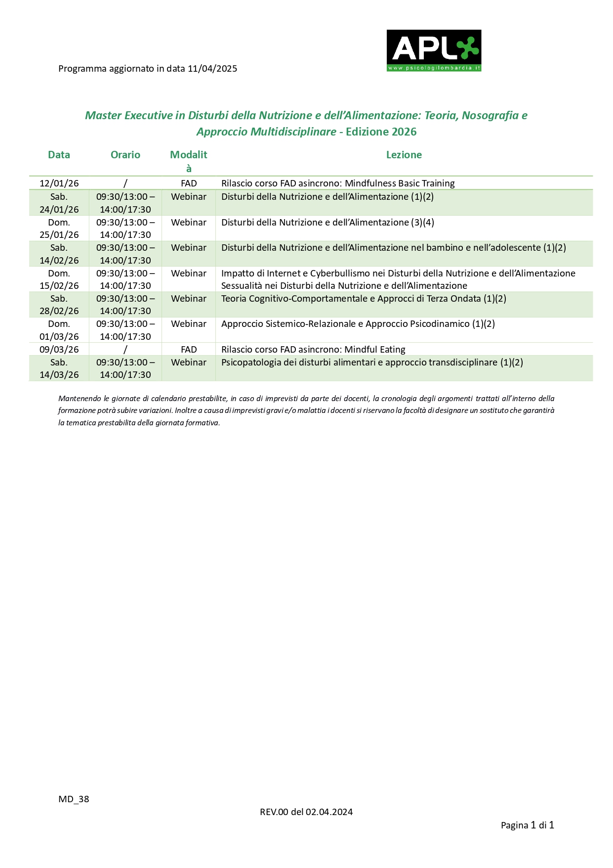 Calendario Master Executive DCA