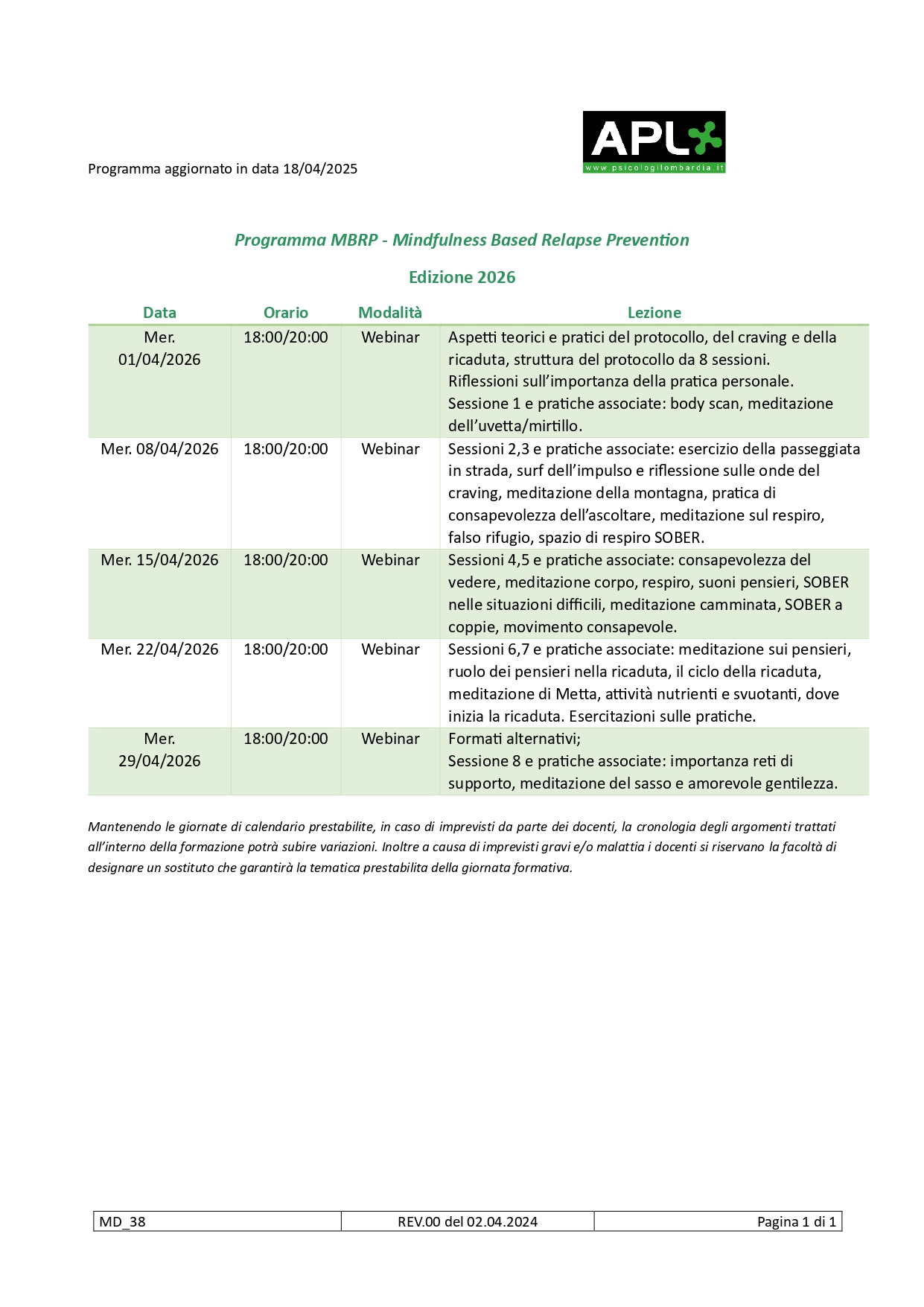 Calendario MBRP 2026