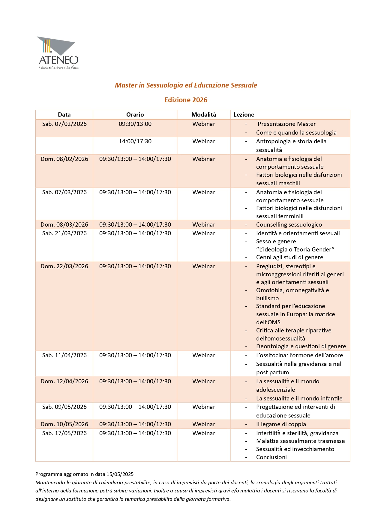 Calendario Master in Sessuologia ed Educazione Sessuale 2026