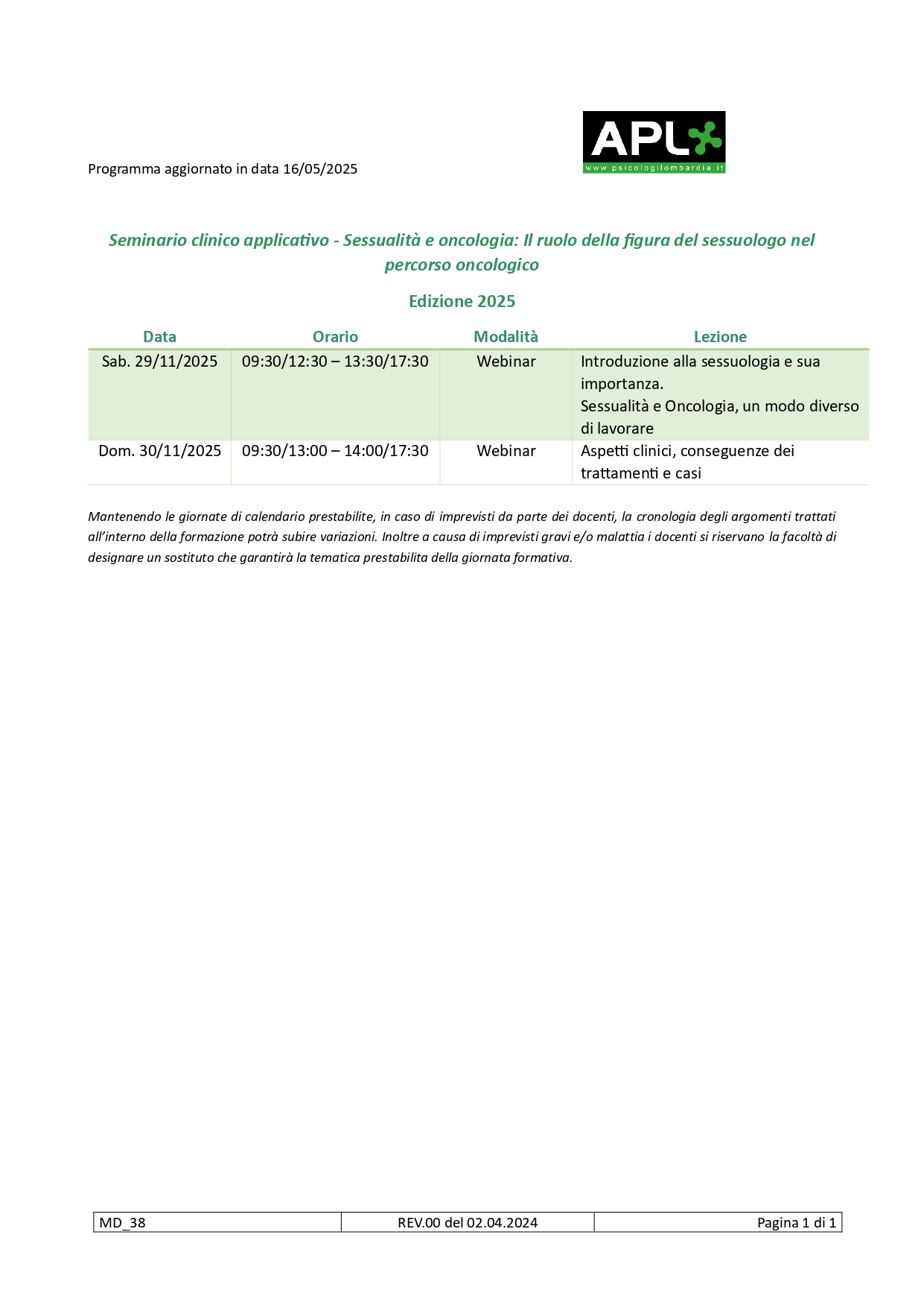 Calendario Sessualità oncologia
