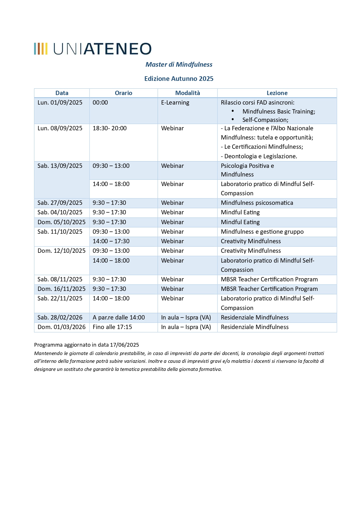 Calendario Master di Mindfulness ATENEO Autunno 2025