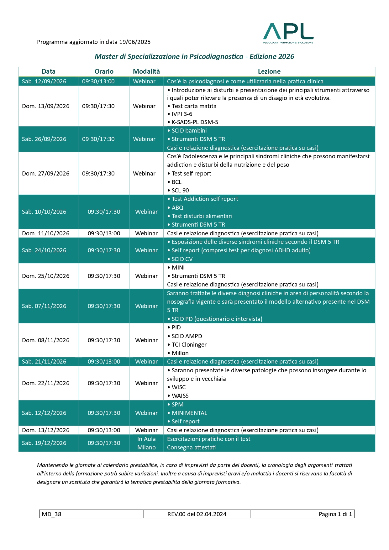 Calendario Psicodiagnostica 2026