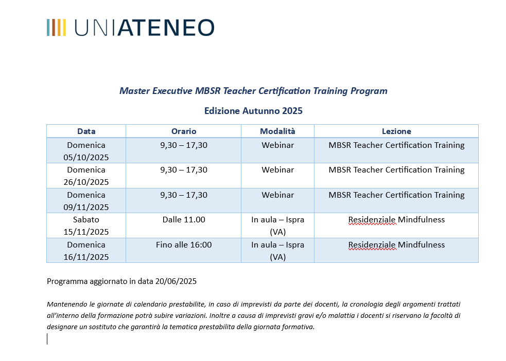 Calendario MBSR Teacher Certification Training Program Ateneo autunno