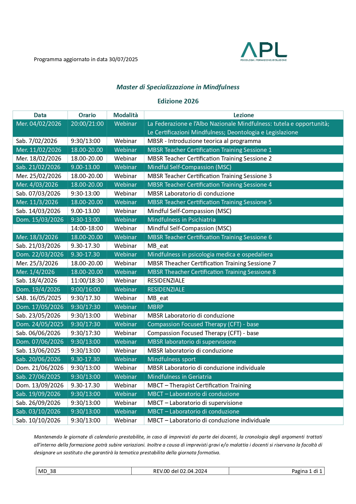 Calendario Master Mindfulness 2026 APL