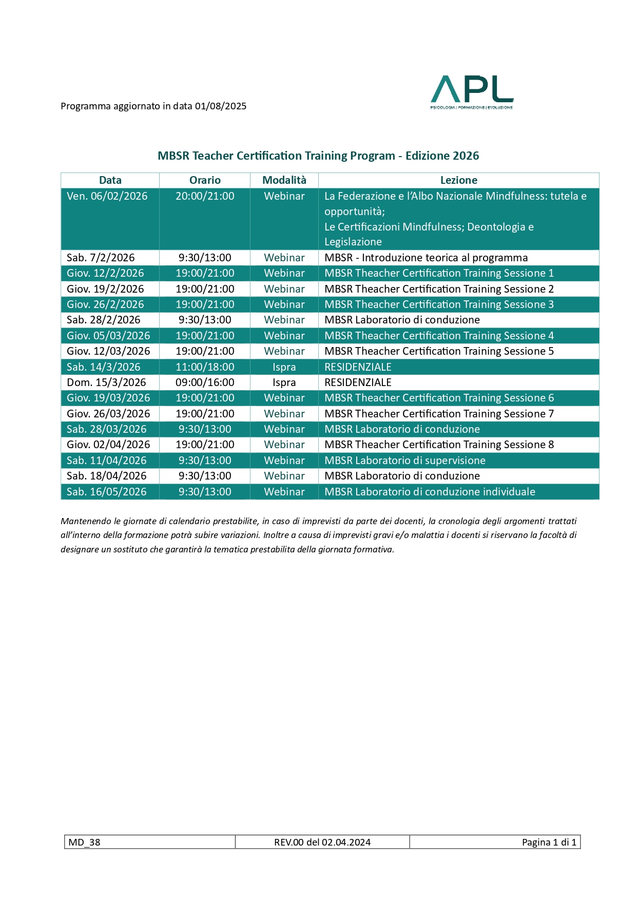 calendario MBSR APL 2026