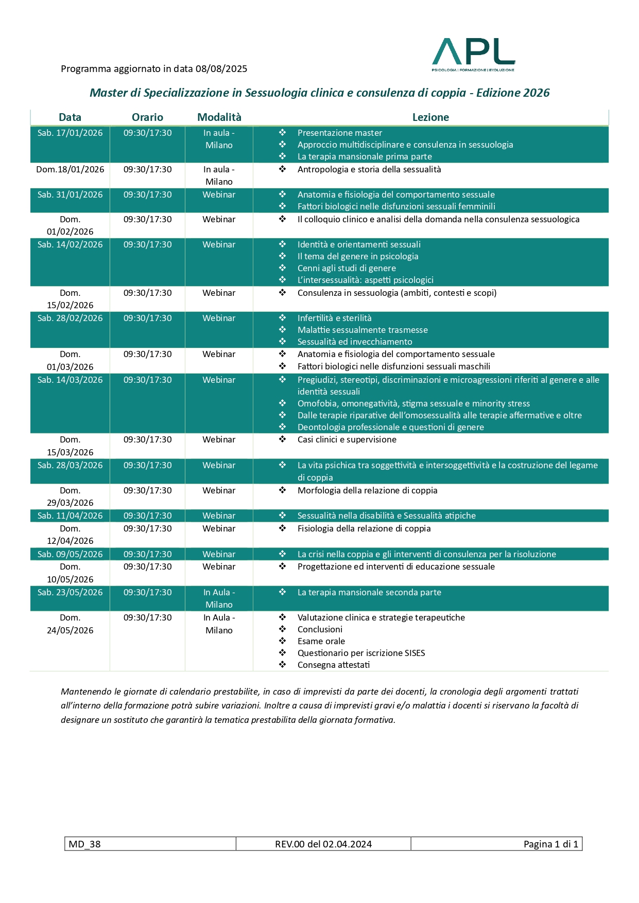 calendario sessuologia clinica 2026