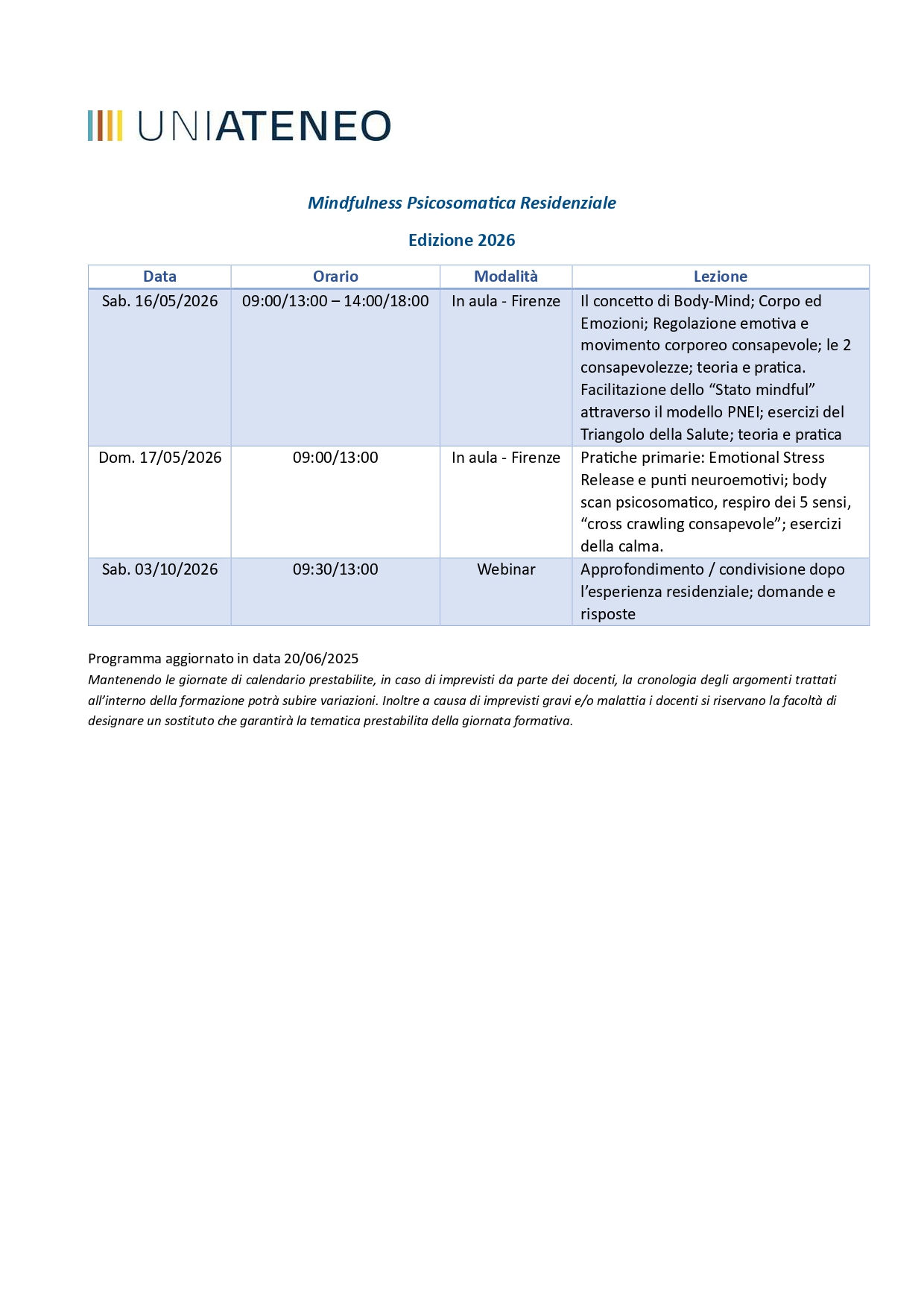 Calendario Mindfulness Psicosomatica Residenziale 2026