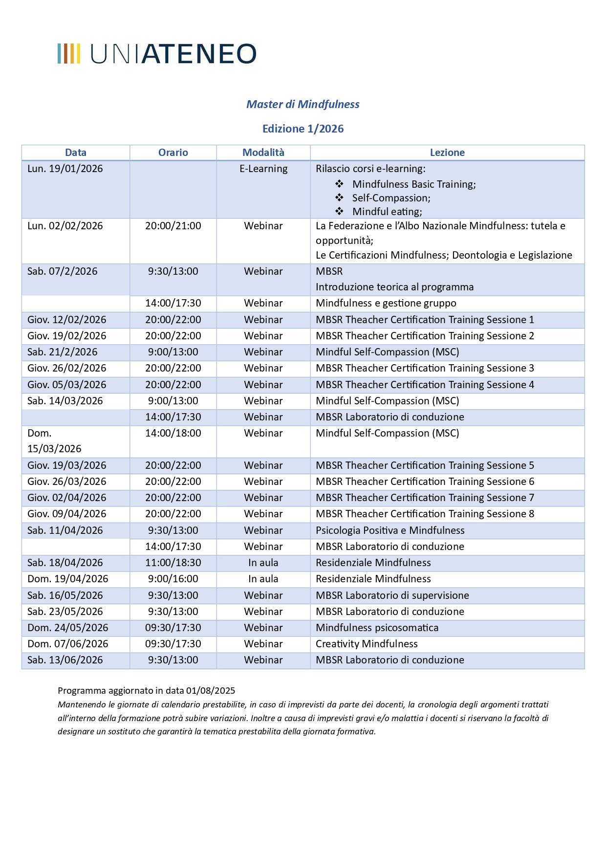 Calendario Master di Mindfulness ATENEO Primavera 2026