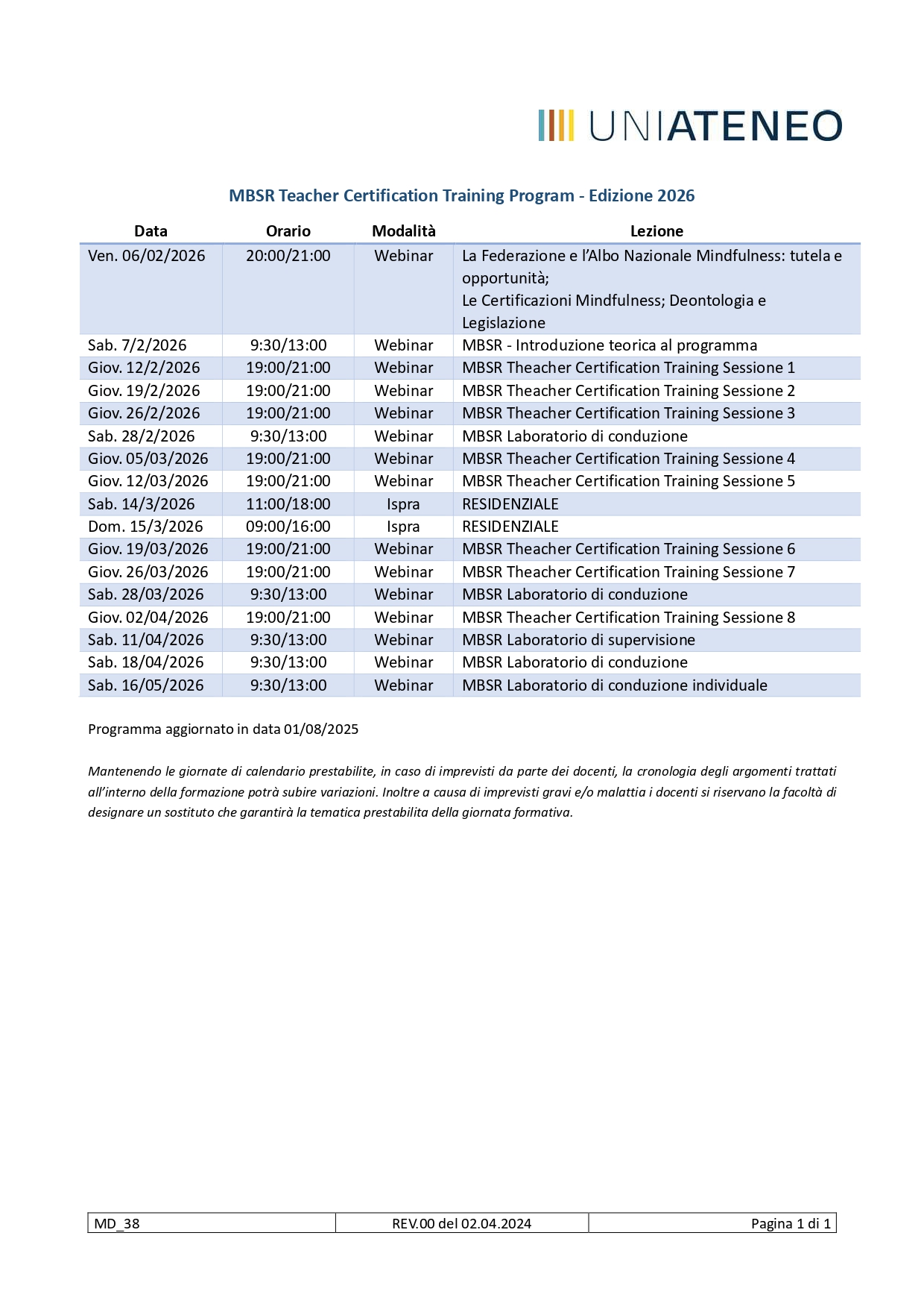 Calendario MBSR Teacher Certification Training Program Ateneo 2026