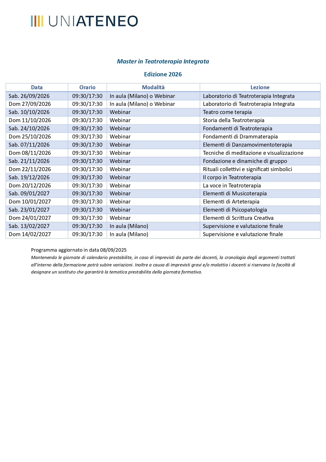 Calendario corso Teatroterapia Integrata 2026